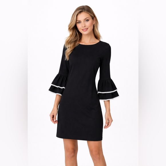 Sara Campbell Dresses & Skirts - Sara Campbell Black Shift Dress with Ruffle Bell Sleeve White Trim Size Medium